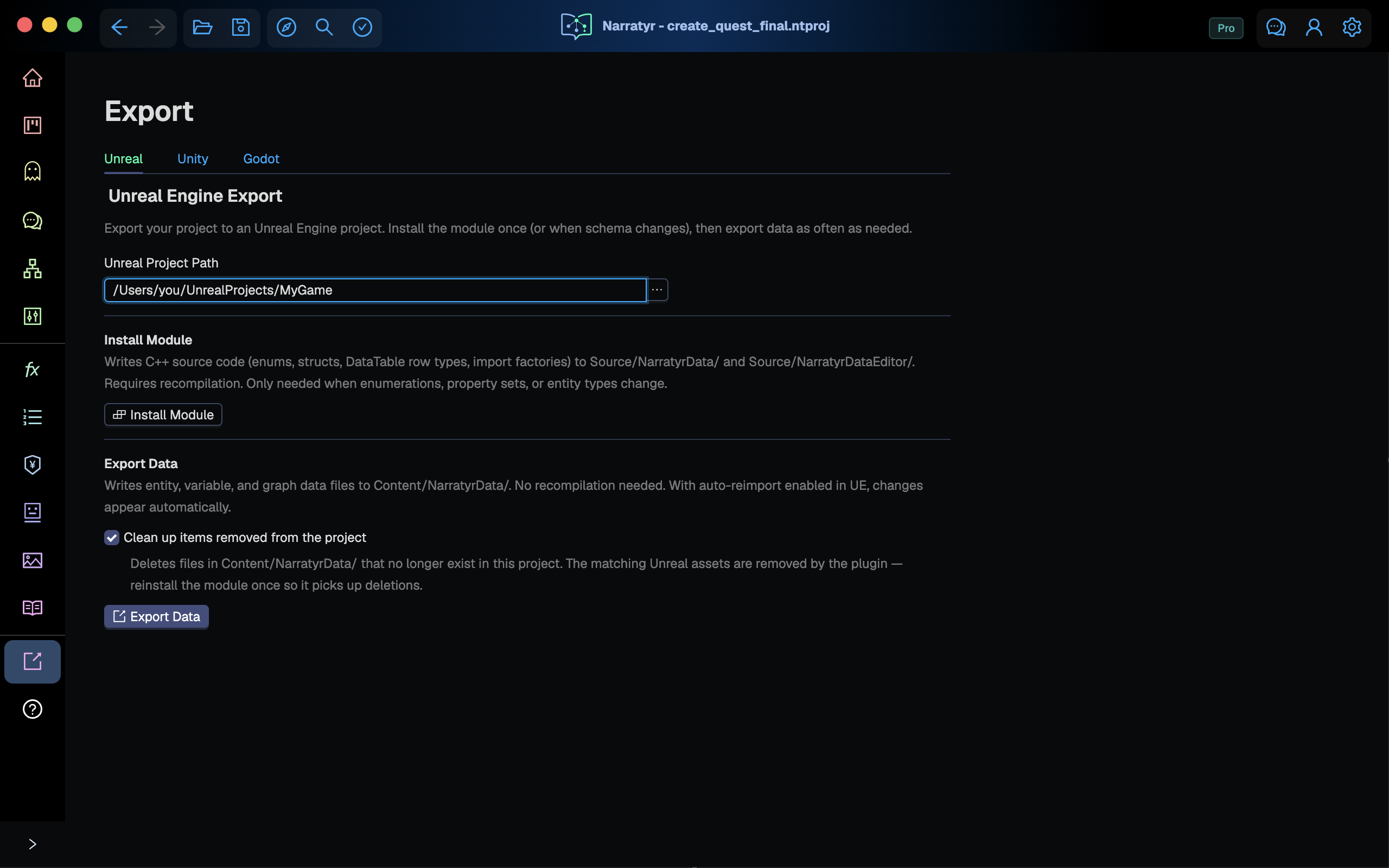 Narratyr's Export view with the Unreal tab selected: an Unreal Project Path field, an Install Module section, and an Export Data section with a cleanup checkbox
