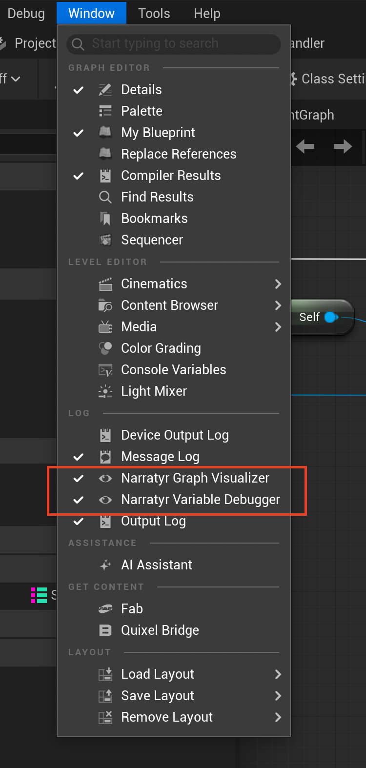 Unreal's Window menu with the Narratyr Graph Visualizer and Narratyr Variable Debugger entries highlighted