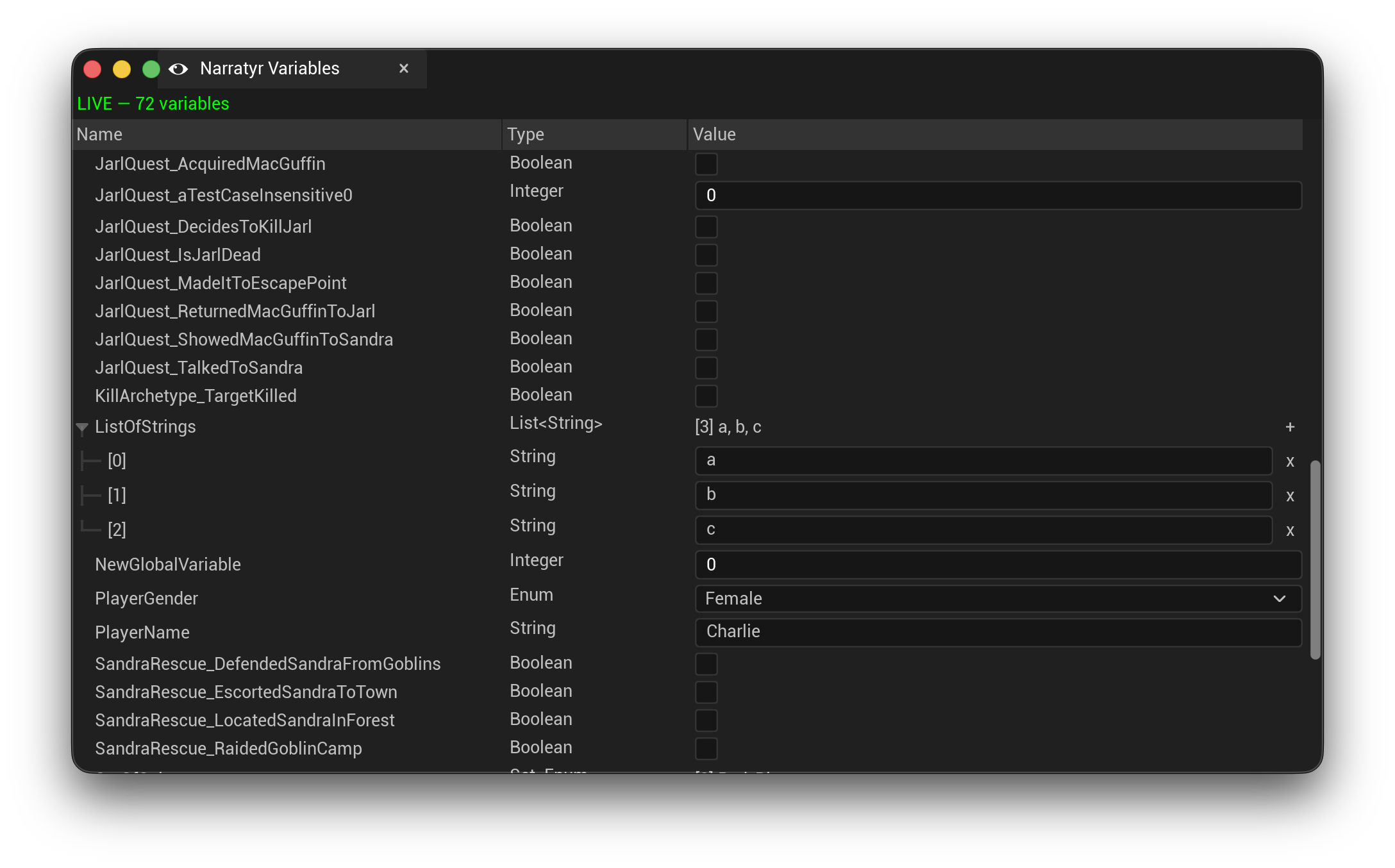 The Narratyr Variables tab during PIE, listing variables by name, type, and value, with a string list expanded to show its elements