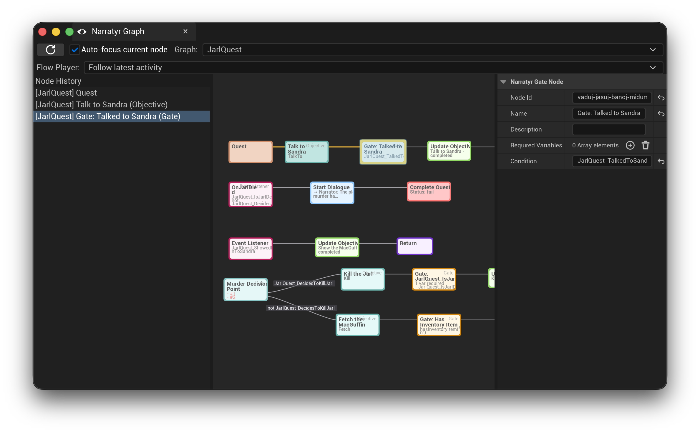The Narratyr Graph tab following a running quest, with node history on the left, the graph canvas in the middle, and the selected gate node's properties on the right