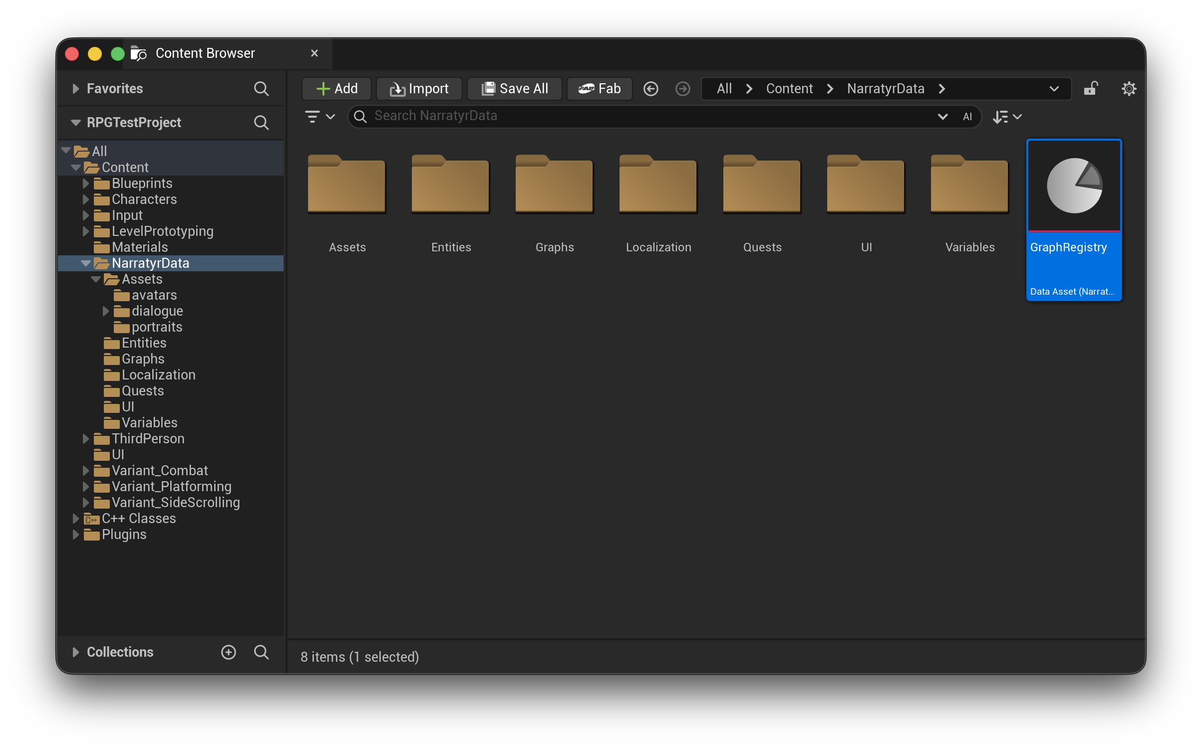 Unreal's Content Browser at Content/NarratyrData, showing the Assets, Entities, Graphs, Localization, Quests, UI, and Variables folders alongside the GraphRegistry data asset