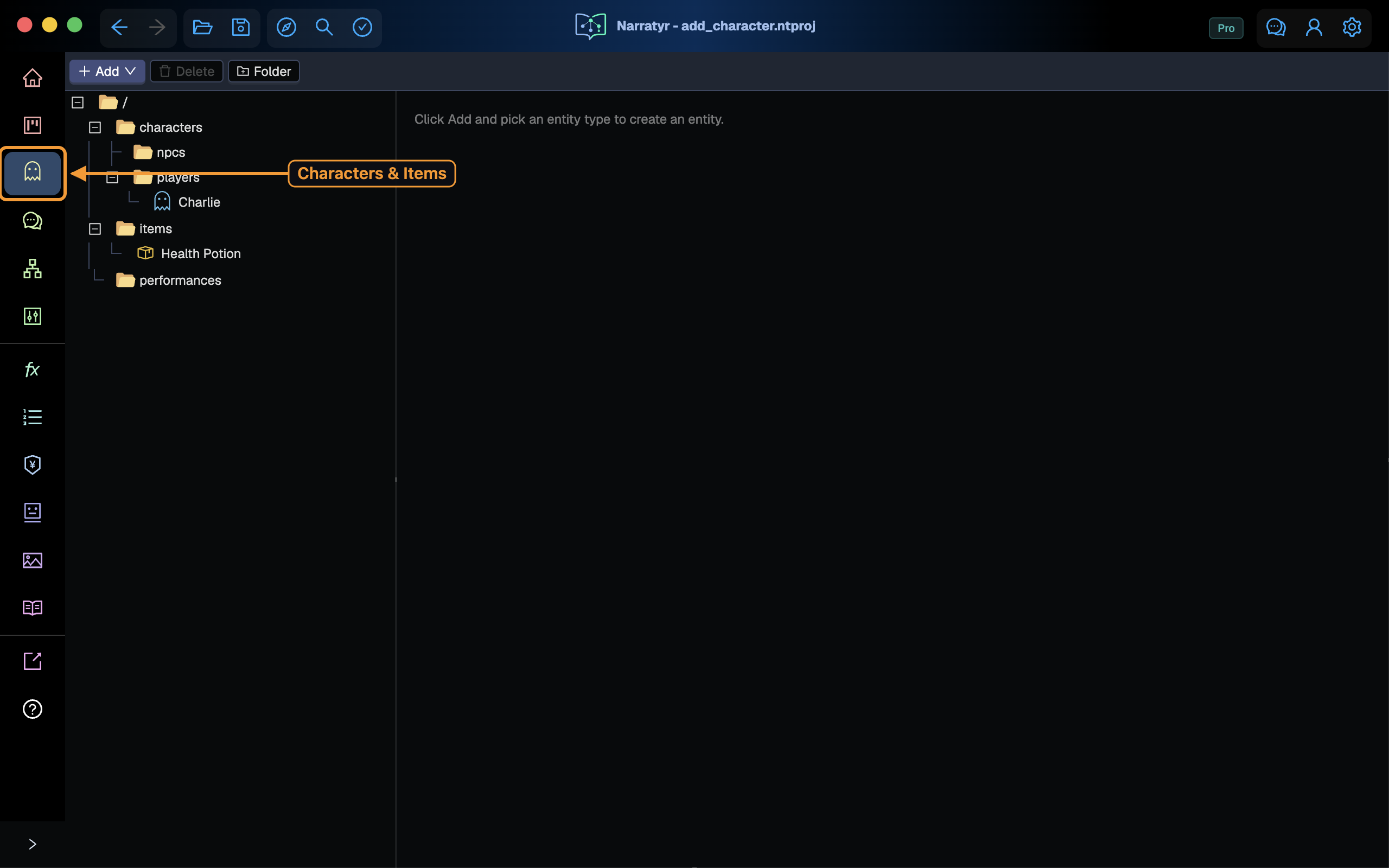 The Characters & Items view, with the sidebar icon highlighted