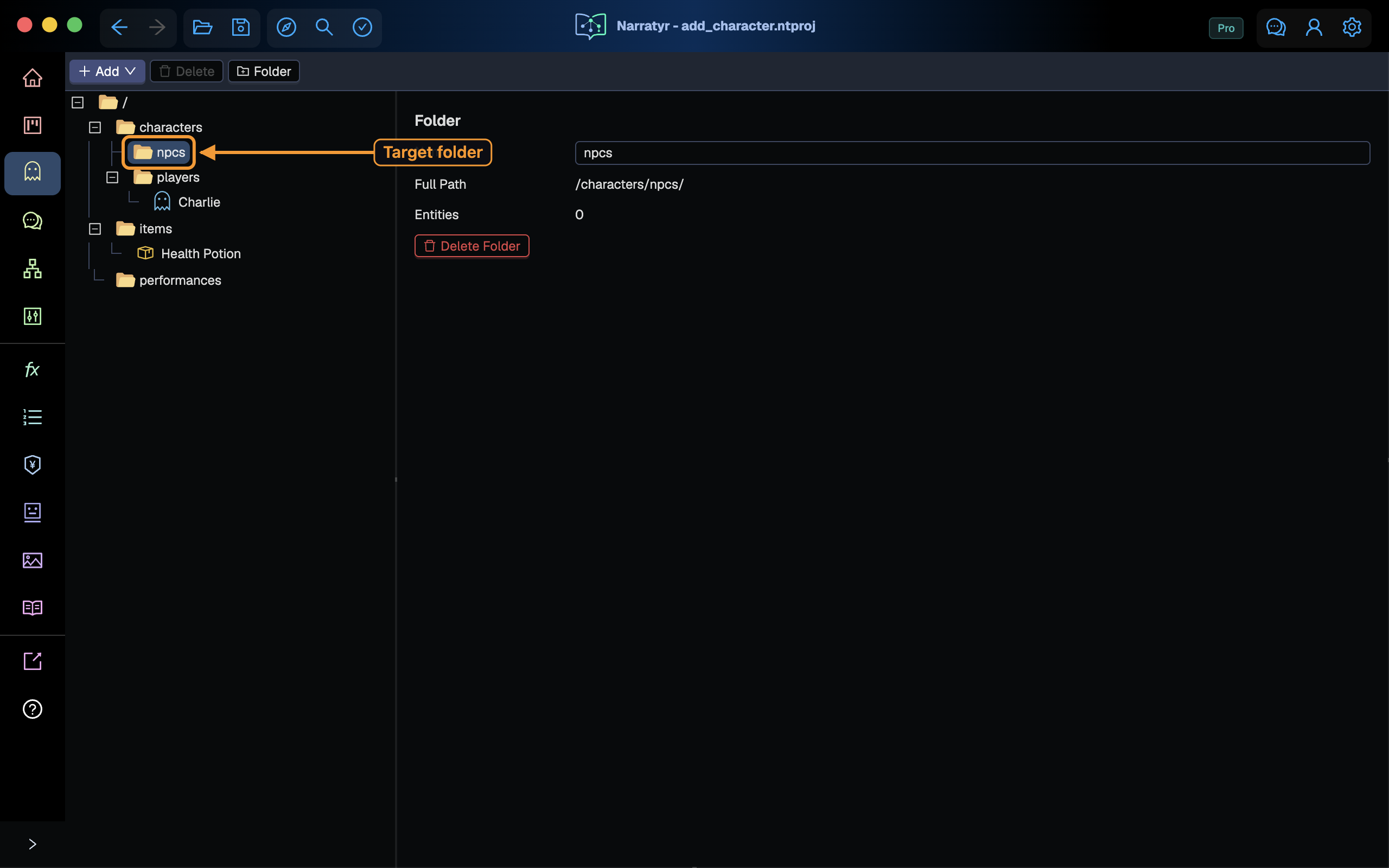 The npcs folder selected in the tree