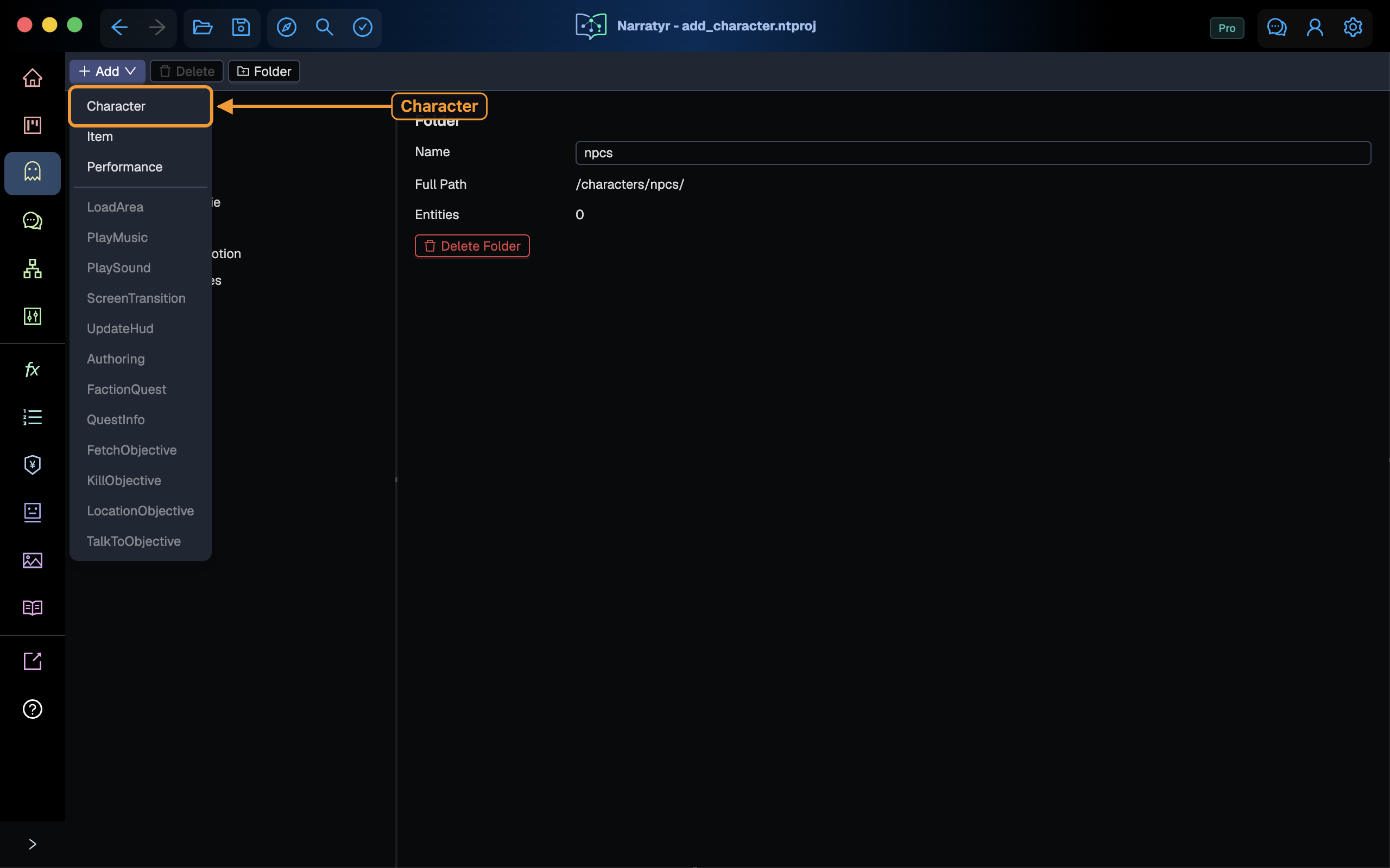 The Add menu open, showing the entity types this project defines