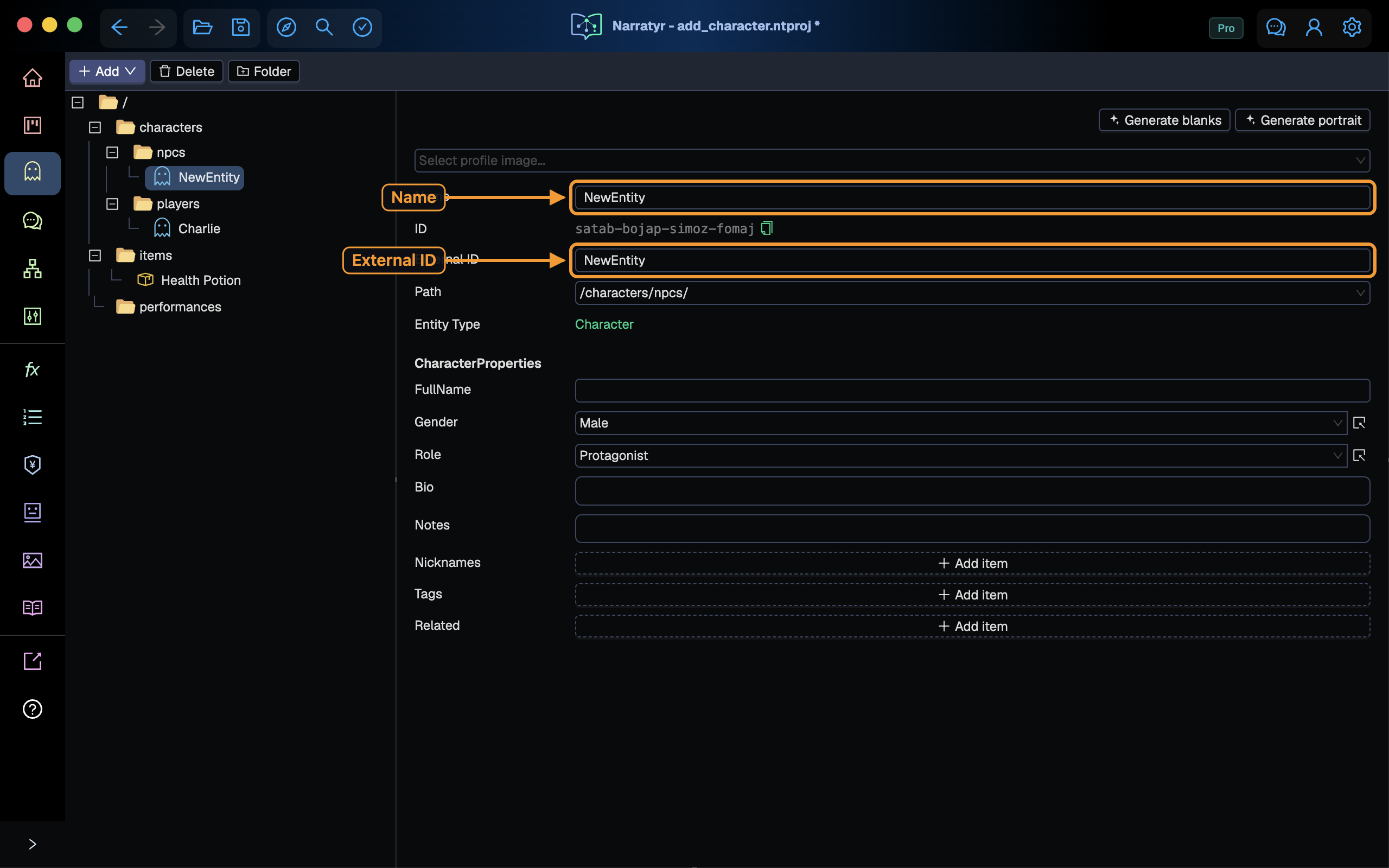 The new character, with its Name and External ID fields highlighted