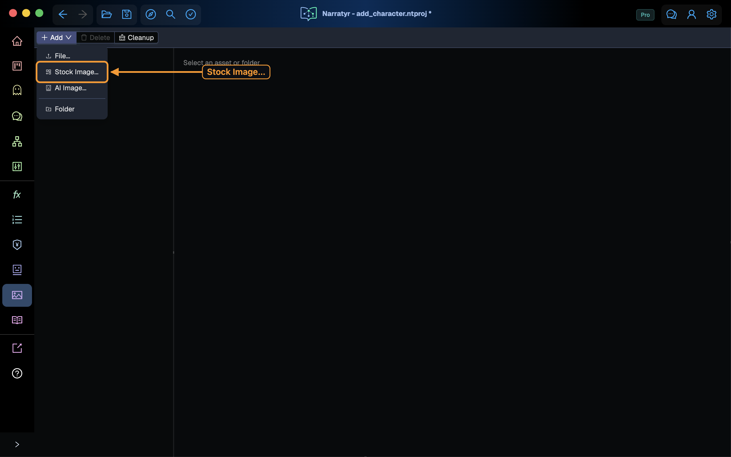 The Assets view Add menu, with Stock Image highlighted