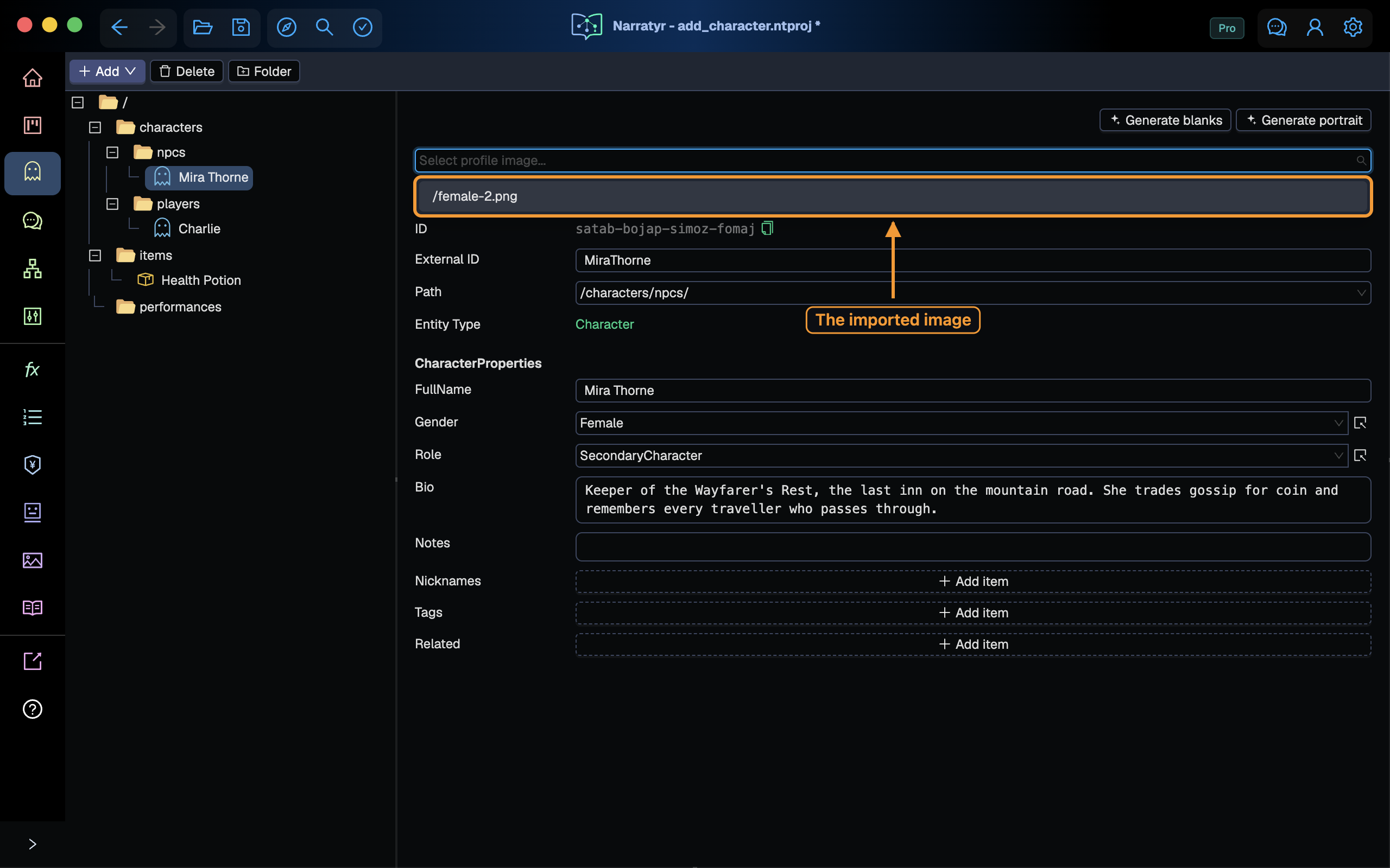 The profile image dropdown, showing the imported asset
