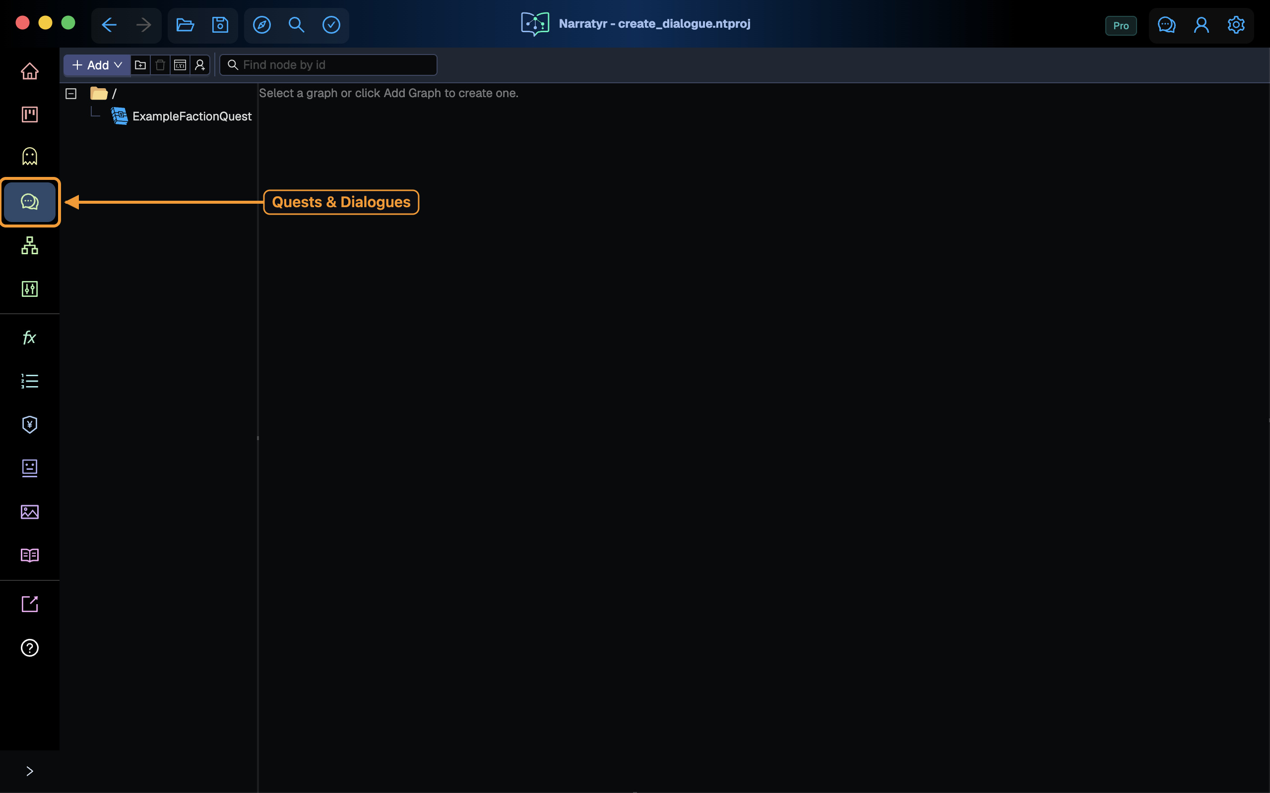 The Quests & Dialogues view, with the sidebar icon highlighted