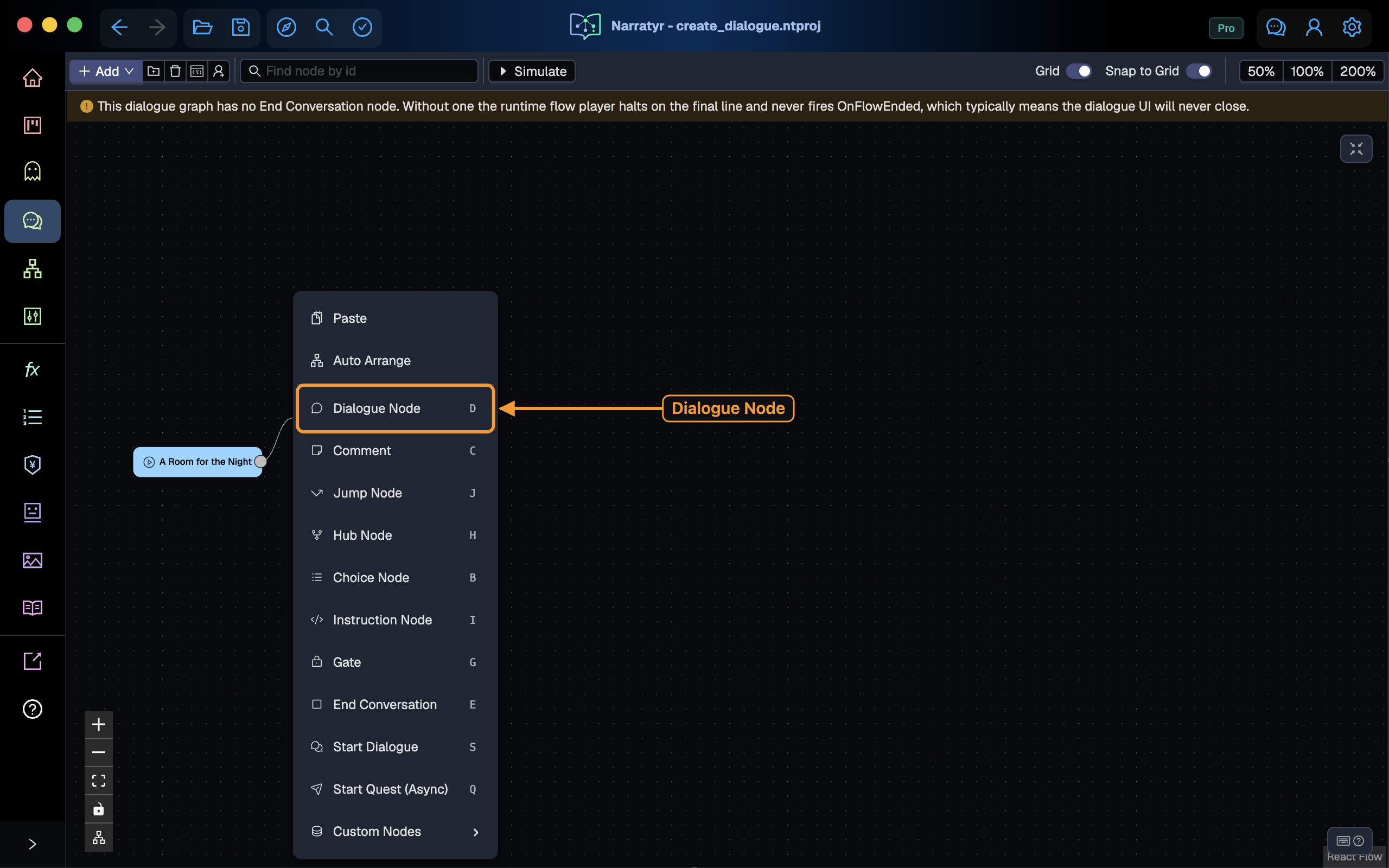 The insert menu, opened by dropping a connection on empty canvas