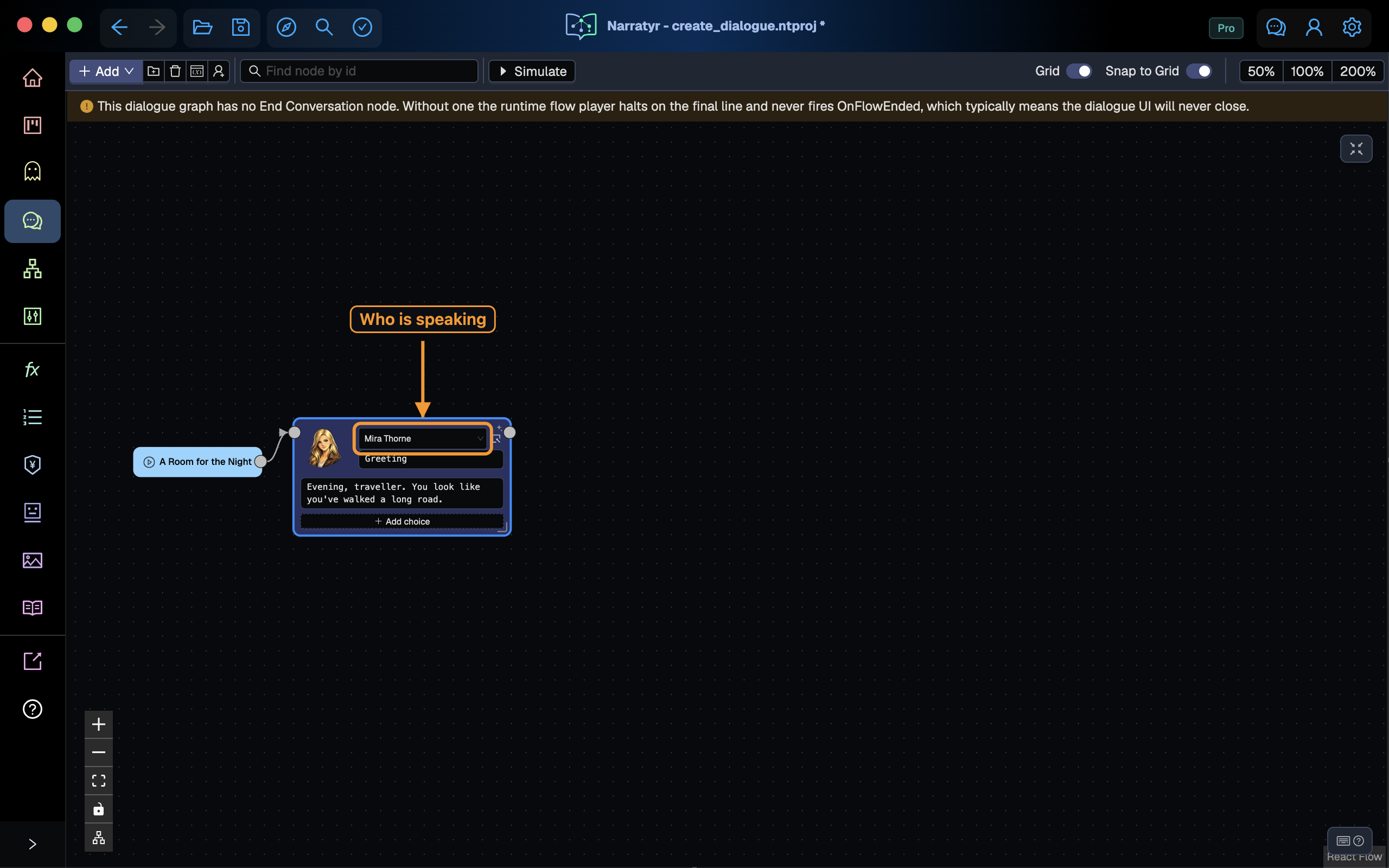 The first dialogue node, with speaker and text filled in