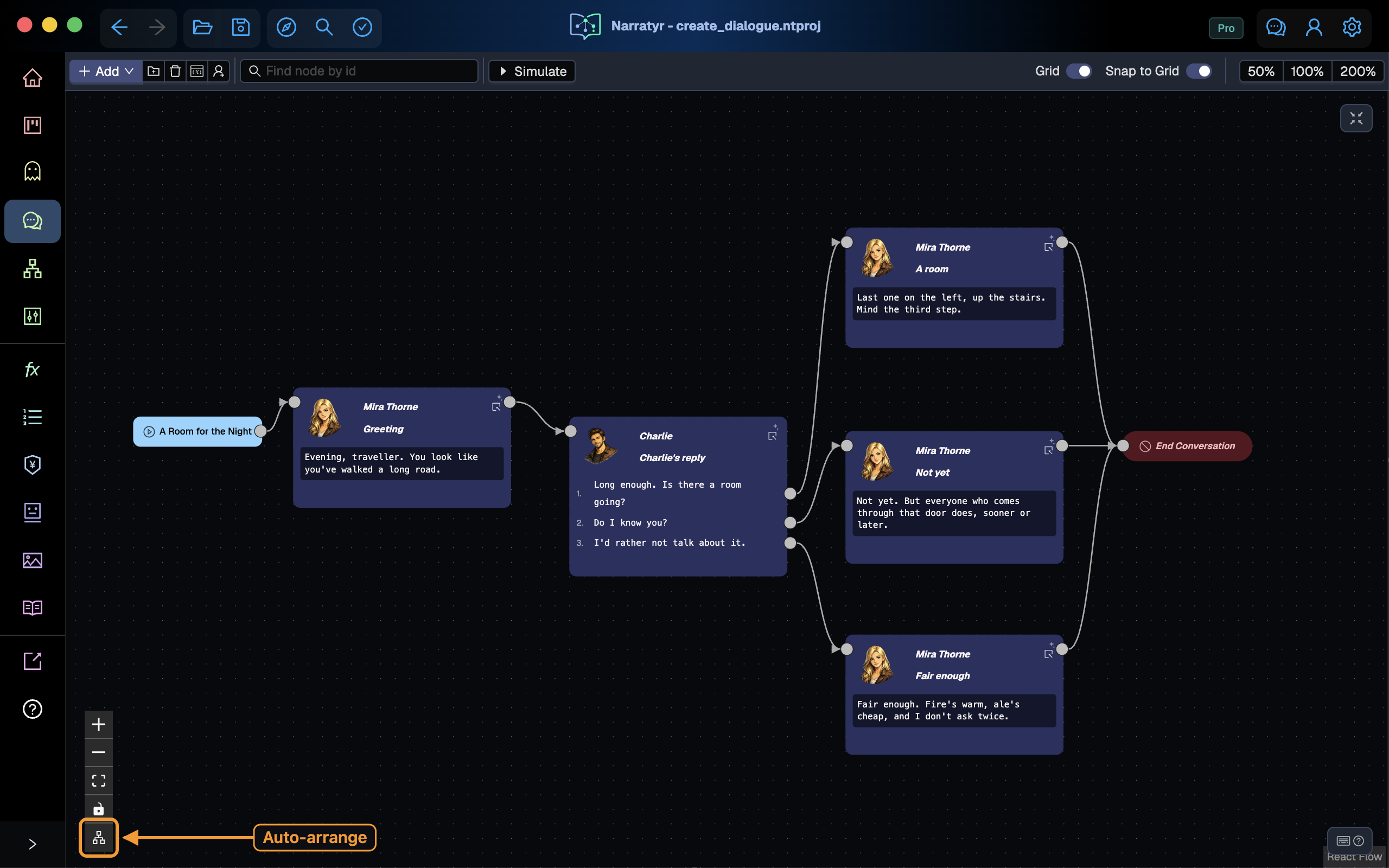 The finished graph before arranging, with the arrange button highlighted
