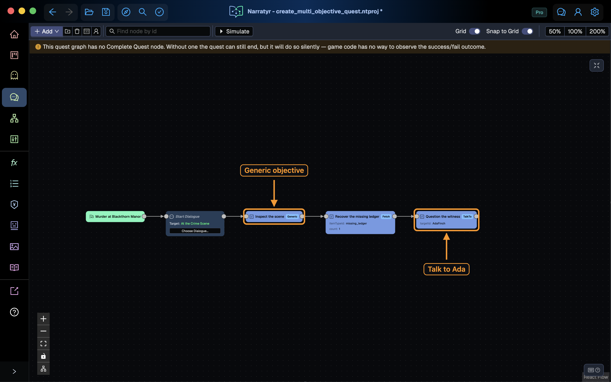 Three connected objective nodes for inspecting, fetching, and talking