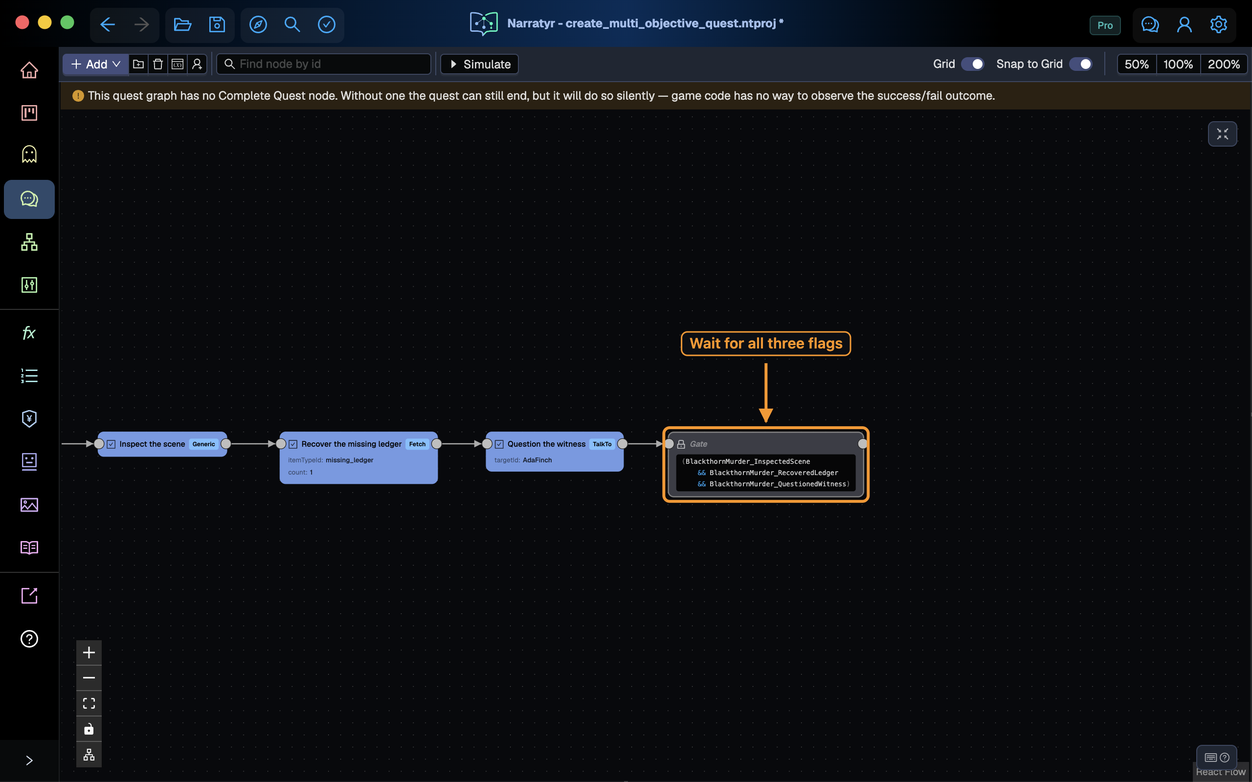 The Gate node waiting on an expression containing all three progress flags
