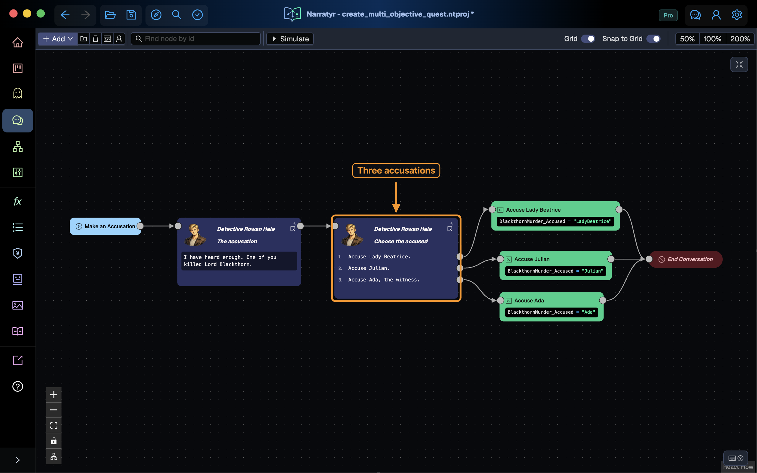The accusation dialogue branching into three player choices