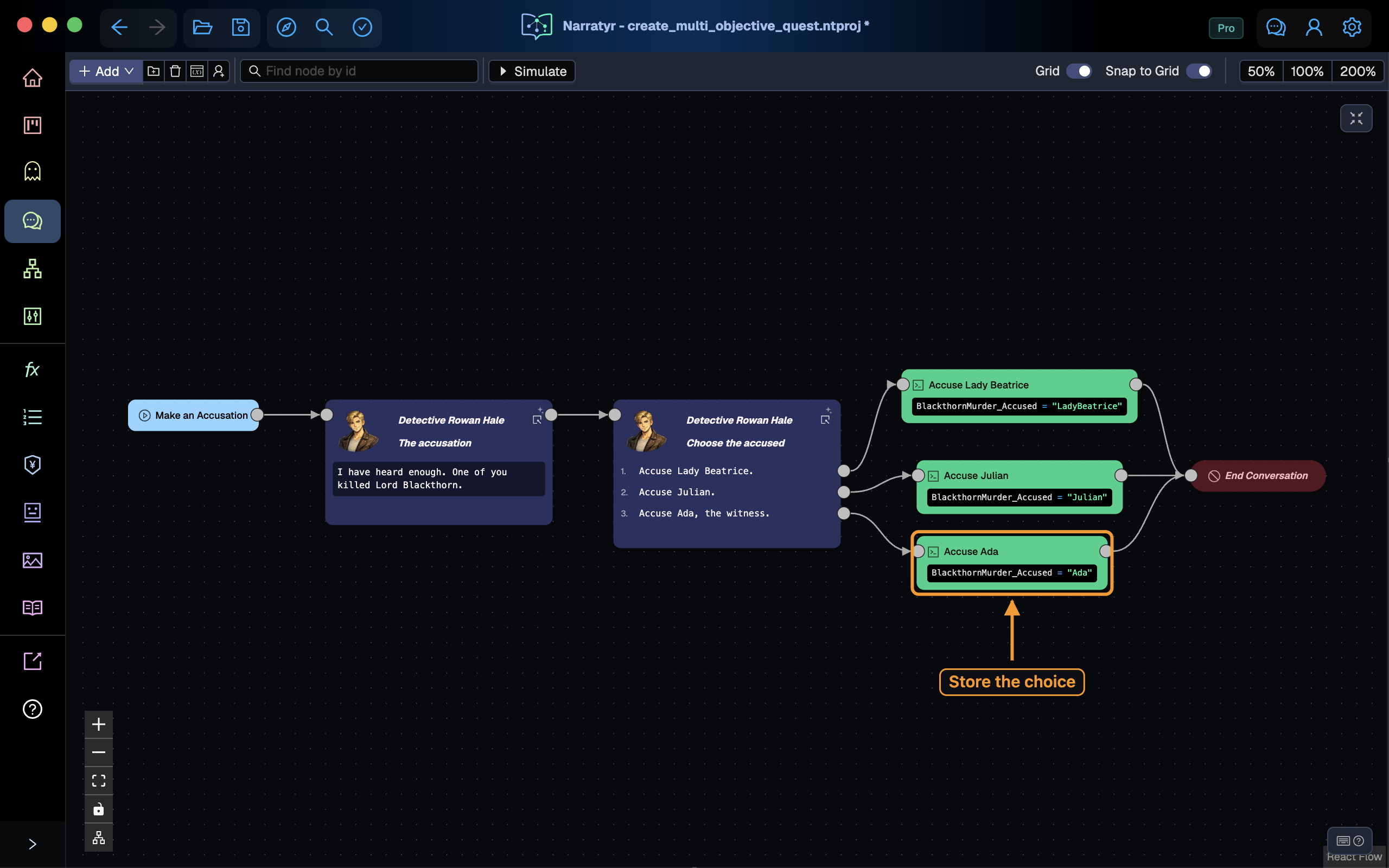 An accusation choice flowing through an Instruction node that stores Ada