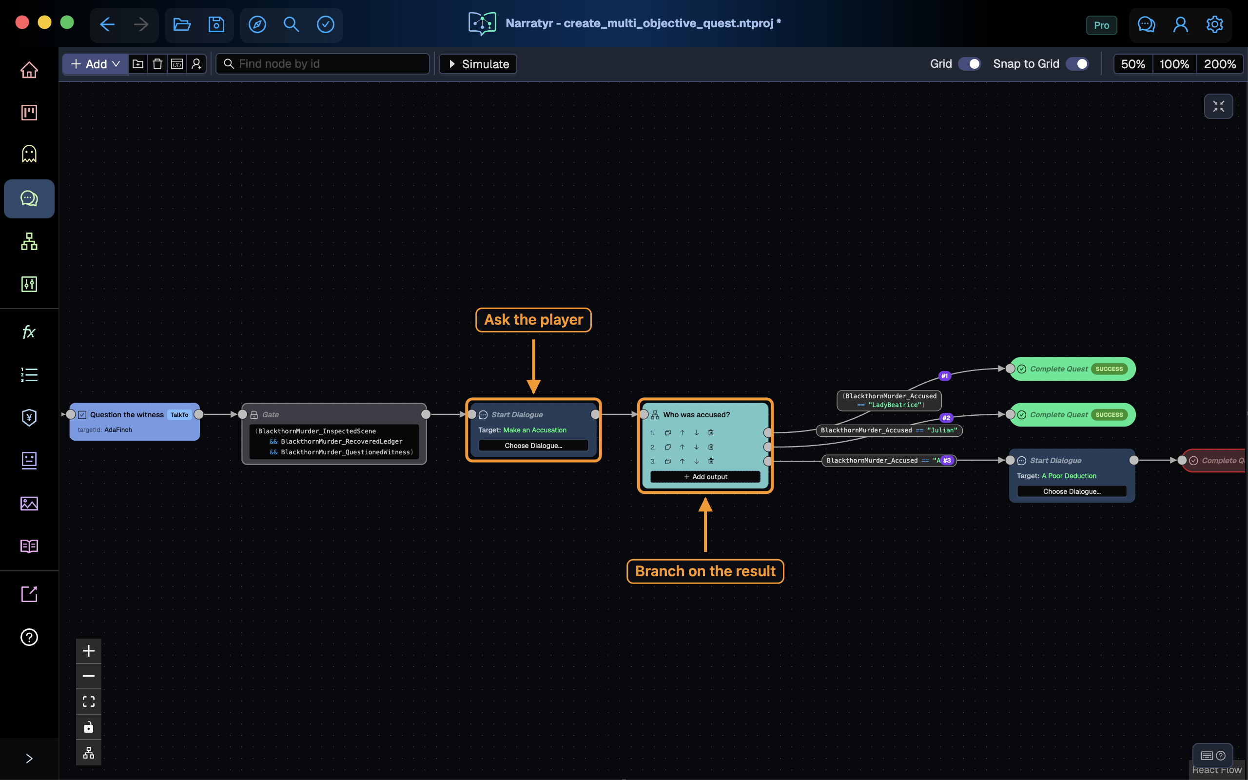 The quest starting the accusation dialogue and branching through a Hub