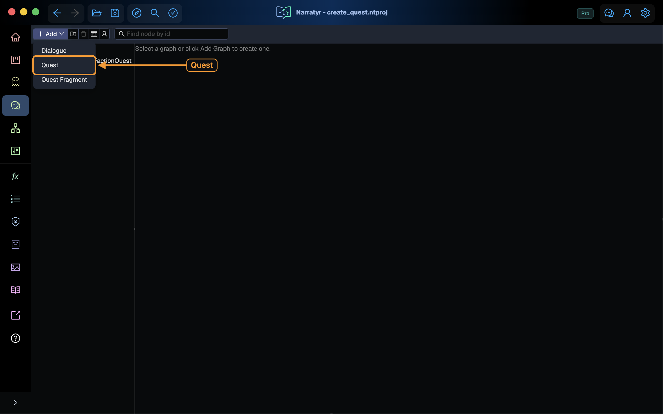 The Add menu open, showing Dialogue, Quest and Quest Fragment