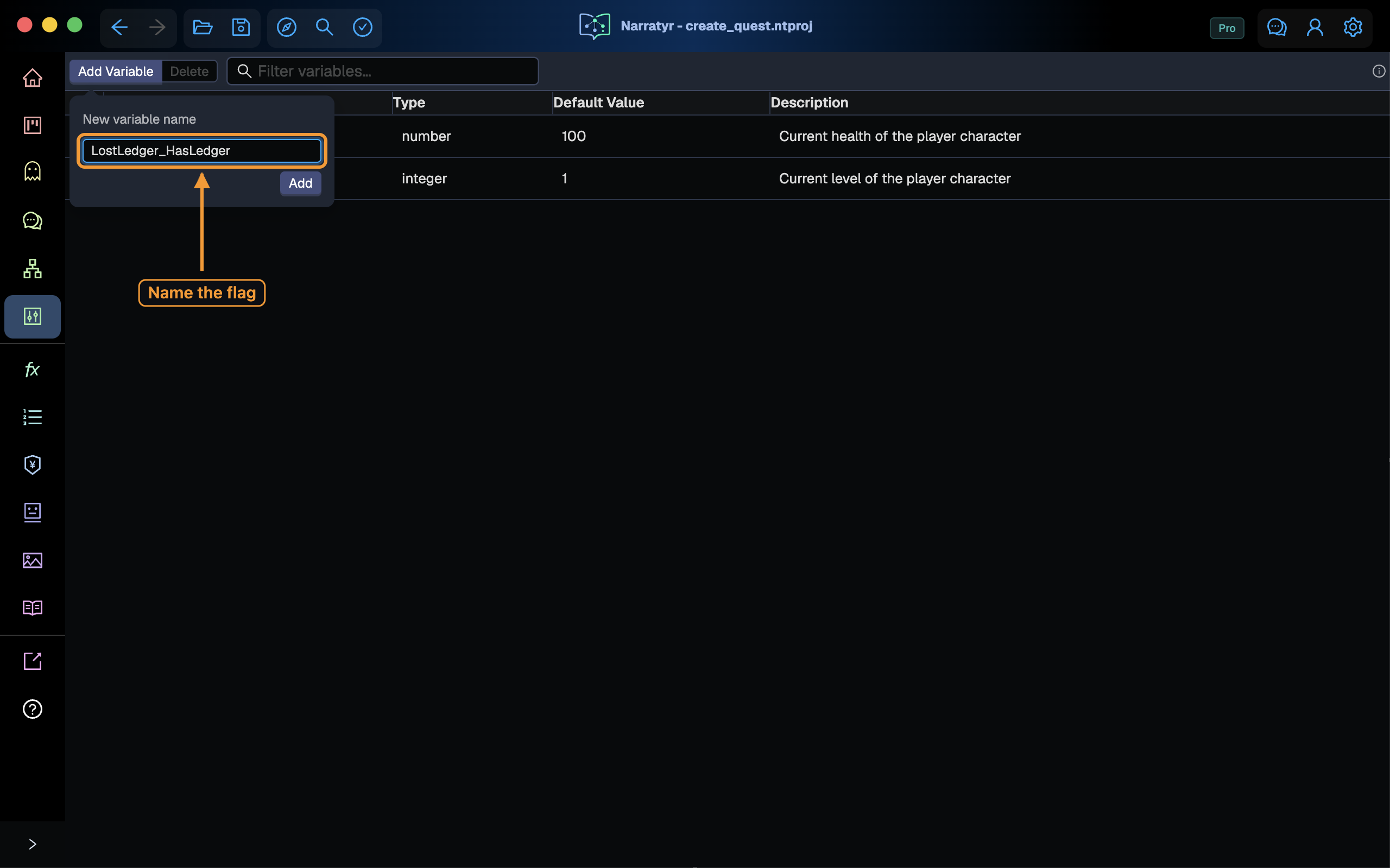 The Add Variable popover, with the new name typed in