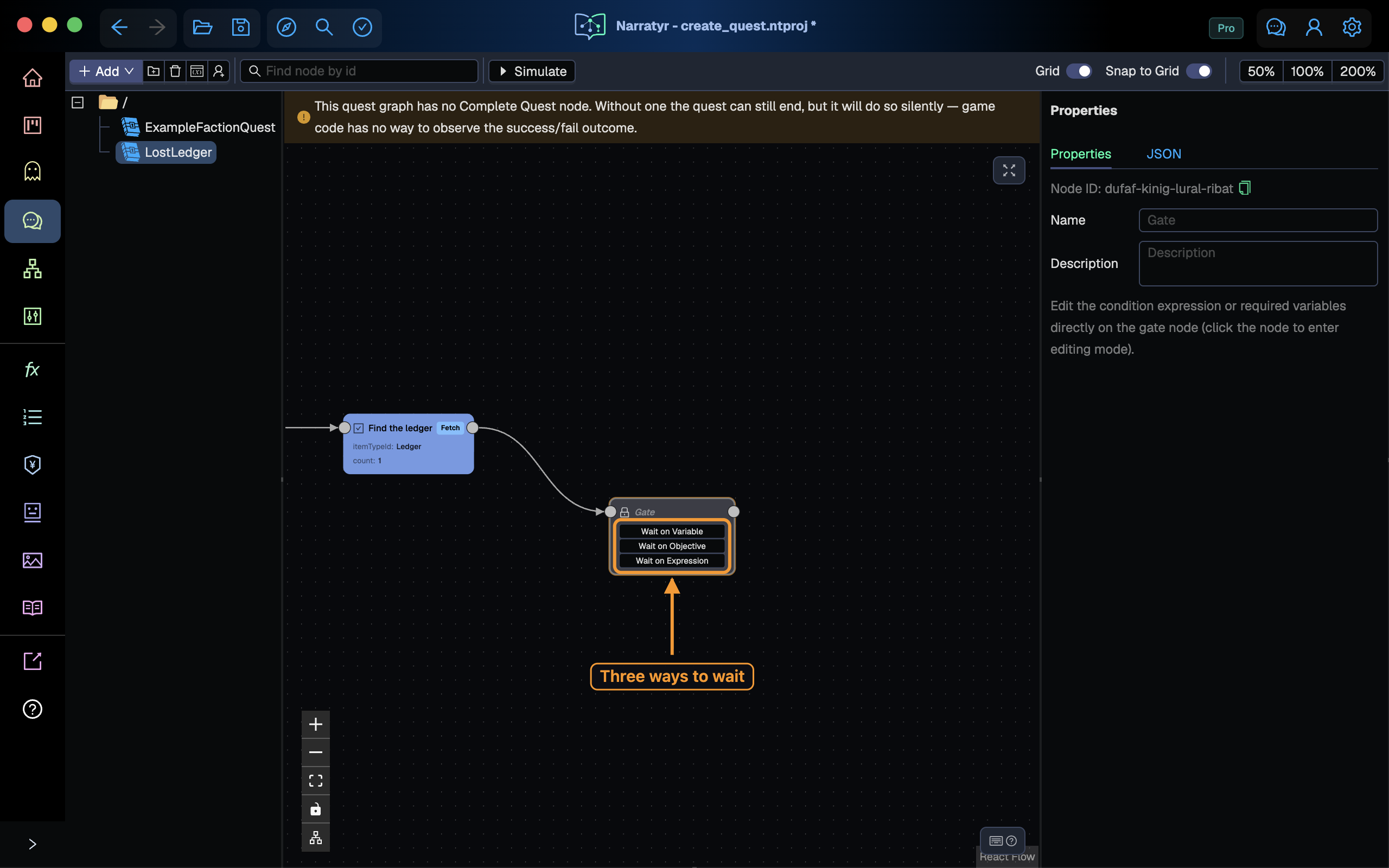 The gate node, offering Wait on Variable, Wait on Objective and Wait on Expression