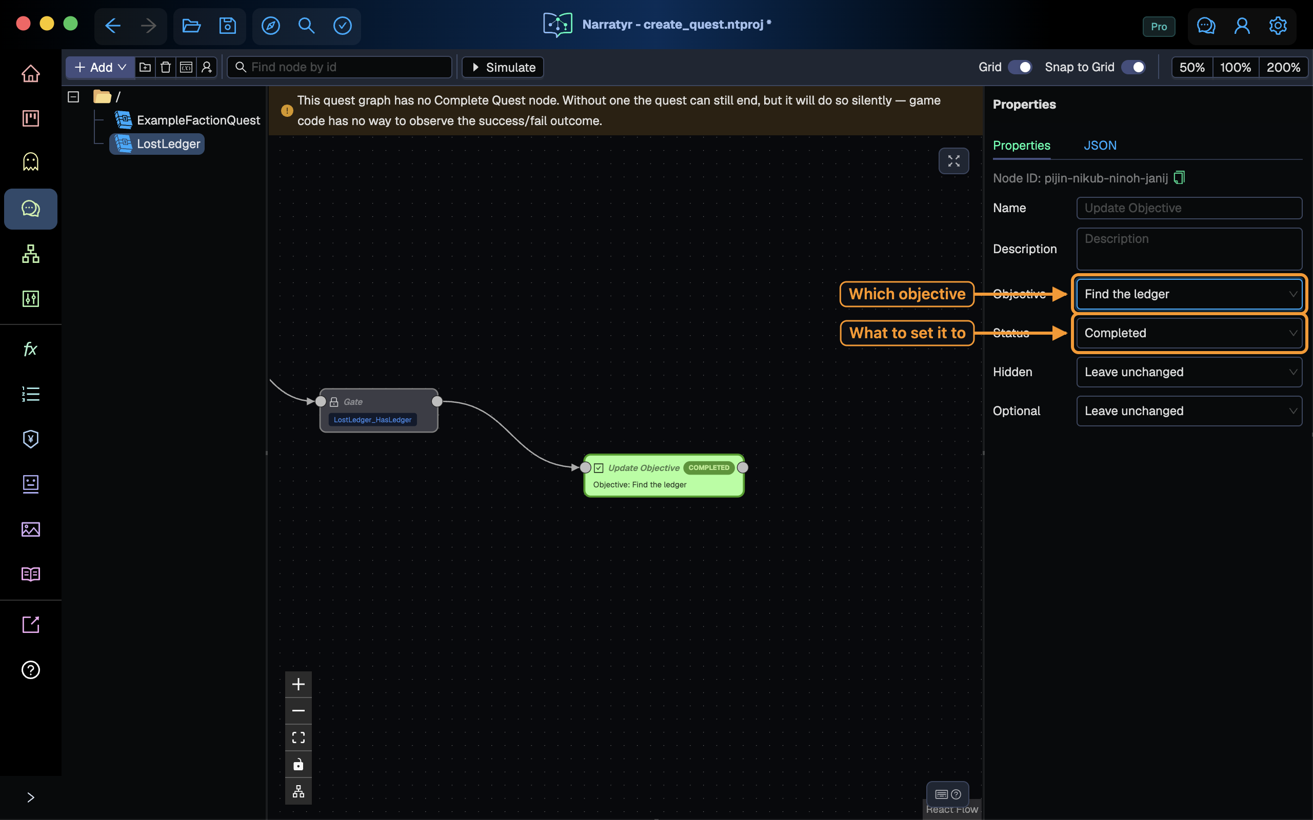 The Update Objective node, targeting the objective with status Completed