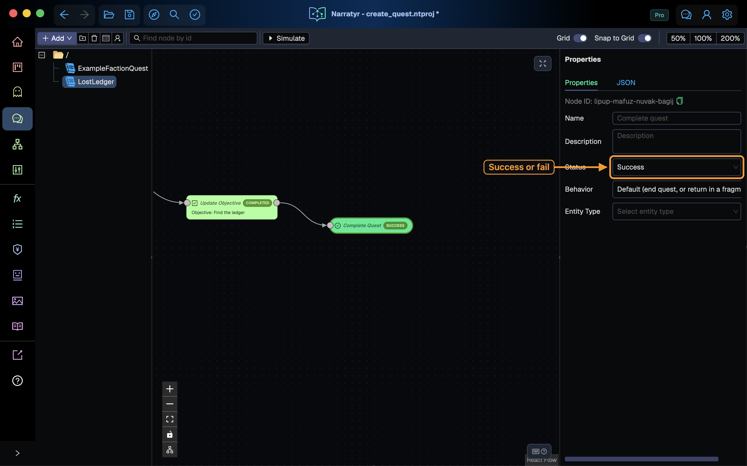 The Complete Quest node, with status Success