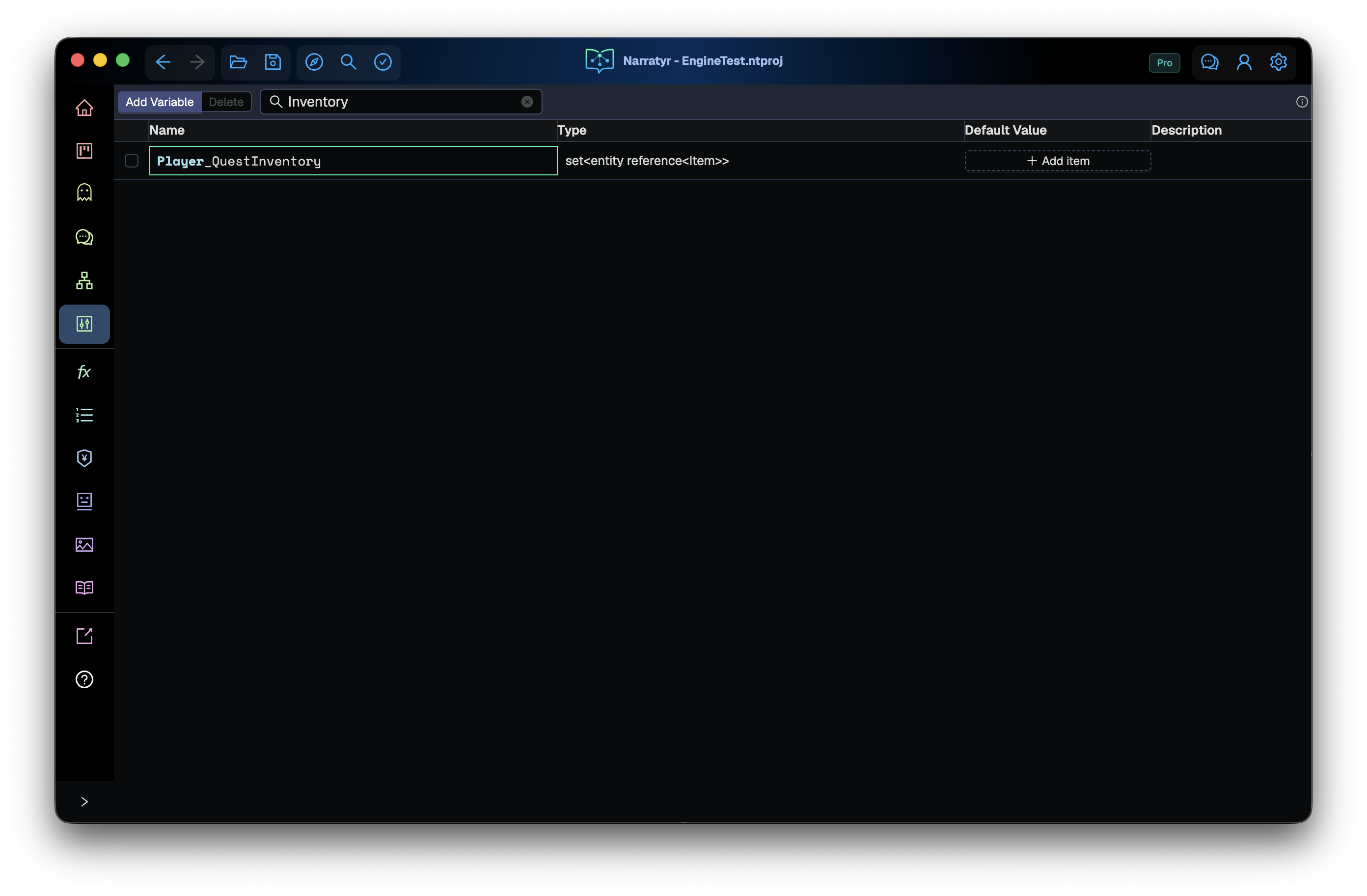 An example inventory variable using set<entity_reference<item>>